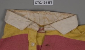 Detail of the collar before treatment, showing the yellow discolouration of sweat copyright © University of Glasgow