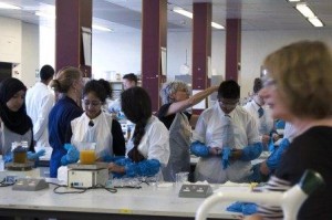 Students preparing for the dyeing workshop by putting on protective gear.