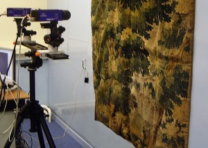 Strain monitoring of a tapestry with digital image correlation. This technique uses two cameras and can also give information on three-dimensional deformation. © Textile Conservation Foundation.