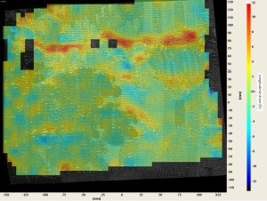 Strain map overlaid on an image of a tapestry, showing areas of high strain in red and low strain in blue. © Textile Conservation Foundation. 