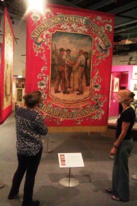 Vivian Lochhead, Senior Conservator and Karen Thompson discussing the project at the People's History Museum ©University of Glasgow and courtesy of the People's History Museum 