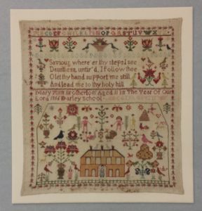 This 1816 English sampler stitched by then 11 year-old Mary Ann Brotherton is overflowing with charming cross-stitched birds, flowers, and animals